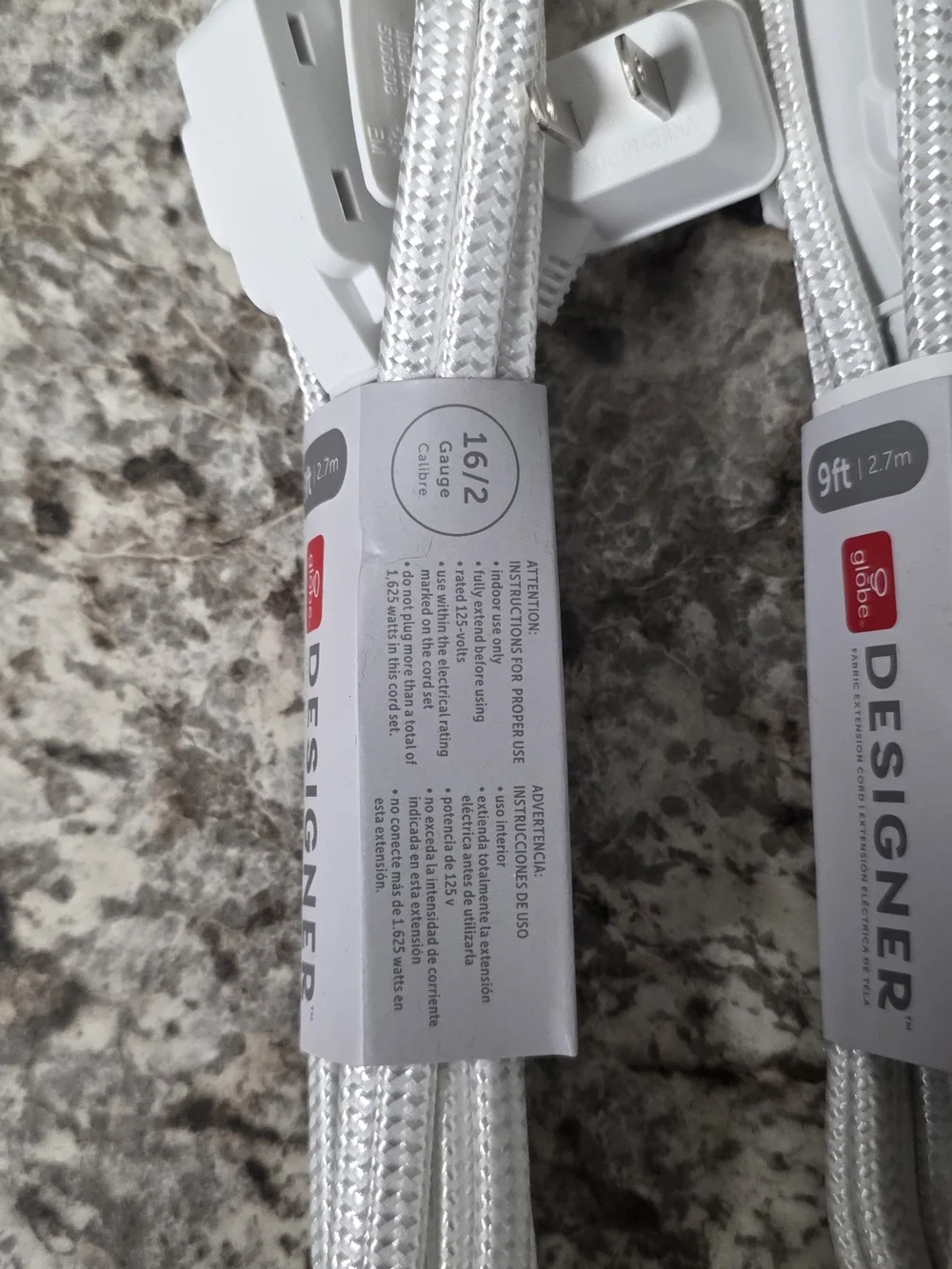 6 New Globe Designer Fabric Braided Extension Cord Power Strips White